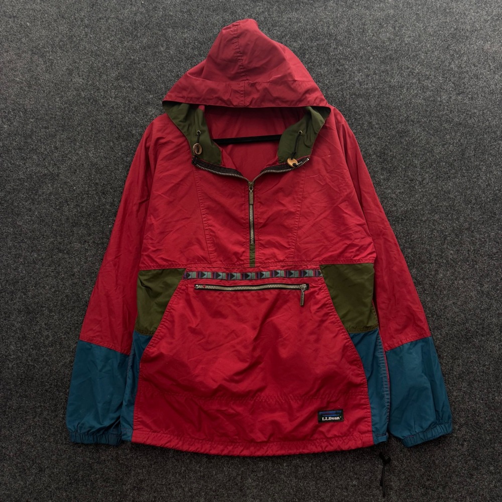 Vintage 80s LL Bean Anorak Jacket Red Colorblock Pullover Windbreaker Mens Small